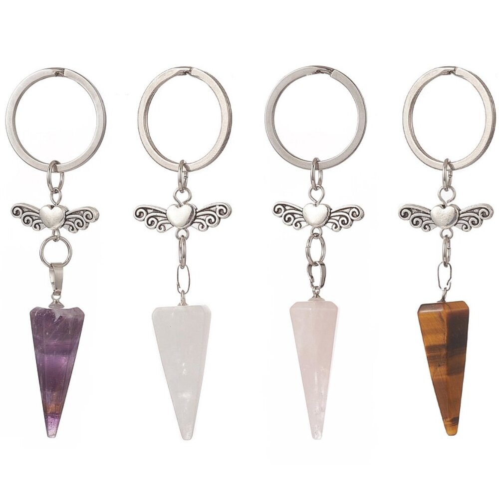 💝5/$25💖 Natural Gemstone Cone point with Angel Wings protective key Chain